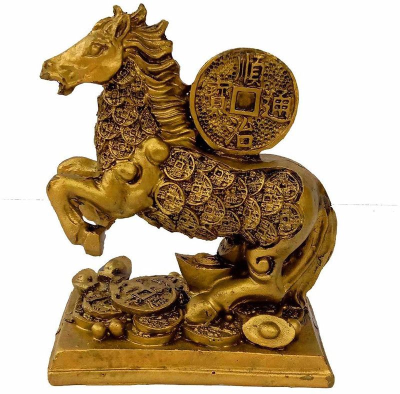 DE,DEEPALIENTERPRISES Fengshui Golden Horse Standing Over Wealth Pot for Wealth & Income (Glossy Gold) Decorative Showpiece - 8 cm  (Polyresin, Gold)