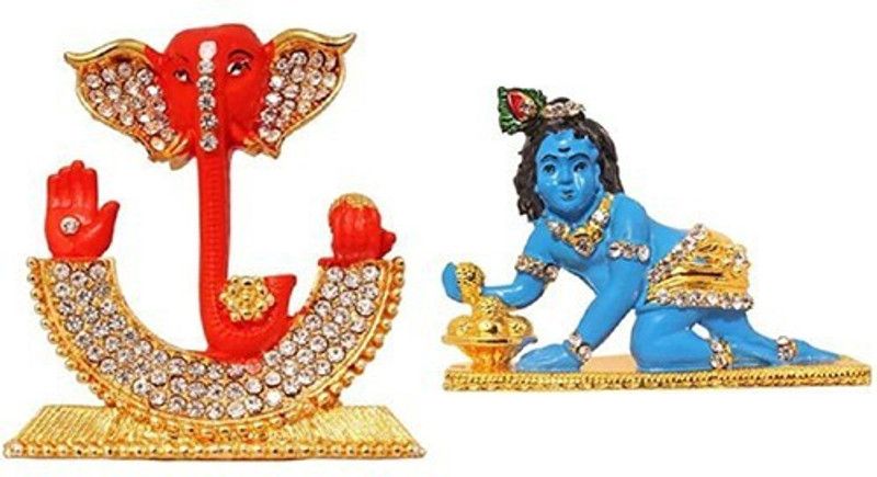 9facts Set of 2 God Ganesh Idol Statue & Lord Krishna Idol Krishan statue God makhan chor / Balgobal Spiritual Puja Vastu Fegurine Decorative Showpiece - 5 cm  (Brass, Multicolor)