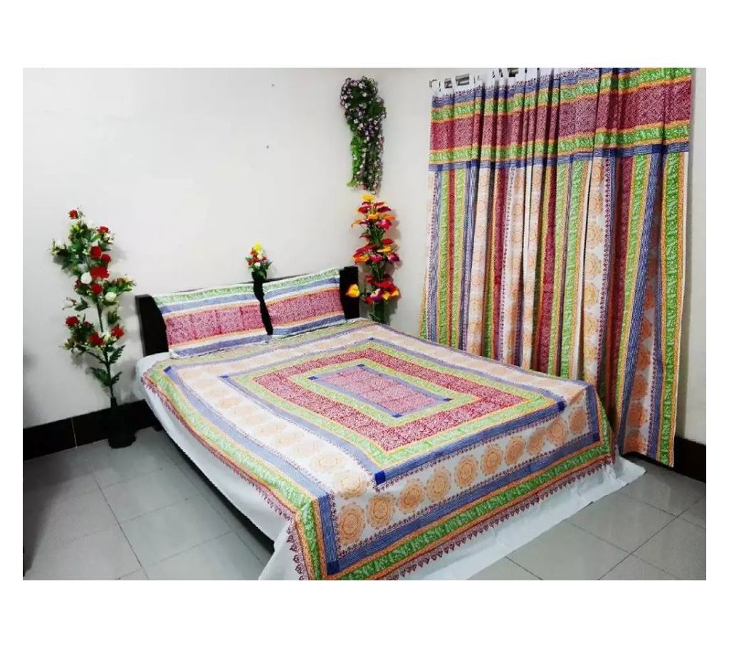 King Size Cotton Multi colors Block Printed Bed Sheet with Matching 2 Pillow Covers-8