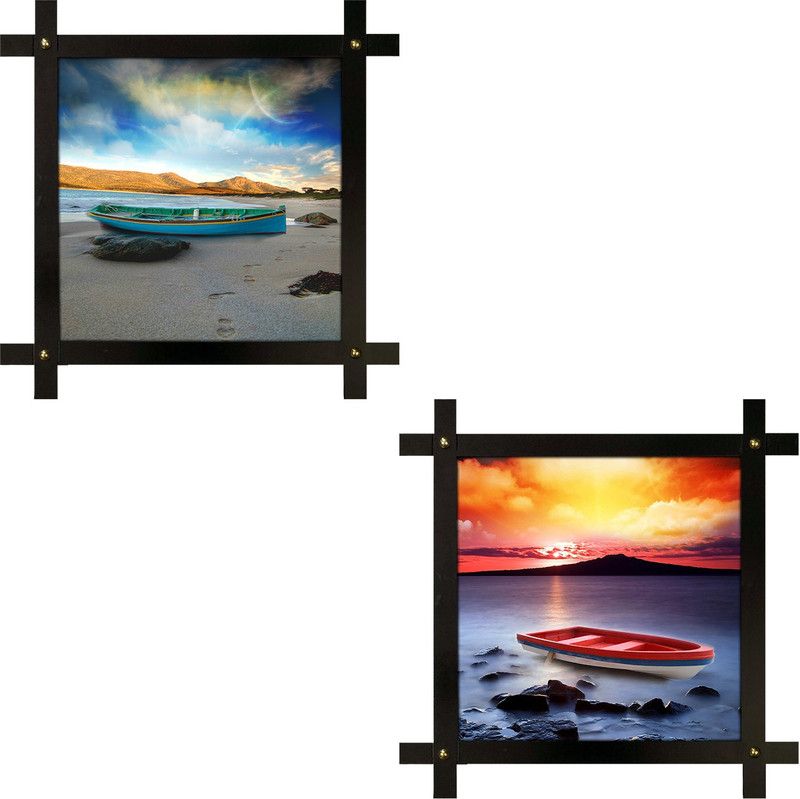 Poster N Frames 2(two) Hand-Crafted Decorative Style Wooden Frame with photo of sea beach sunset landscape scenery each Size :16.5X16.5-inch (42x42-cm) Digital Reprint 16.5 inch x 16.5 inch Painting  (With Frame, Pack of 2)
