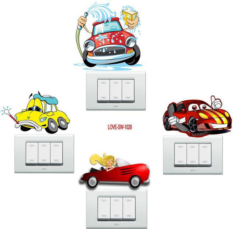 newlovelifecreations 15 cm Funny car switch wall sticker Self Adhesive Sticker  (Pack of 4)