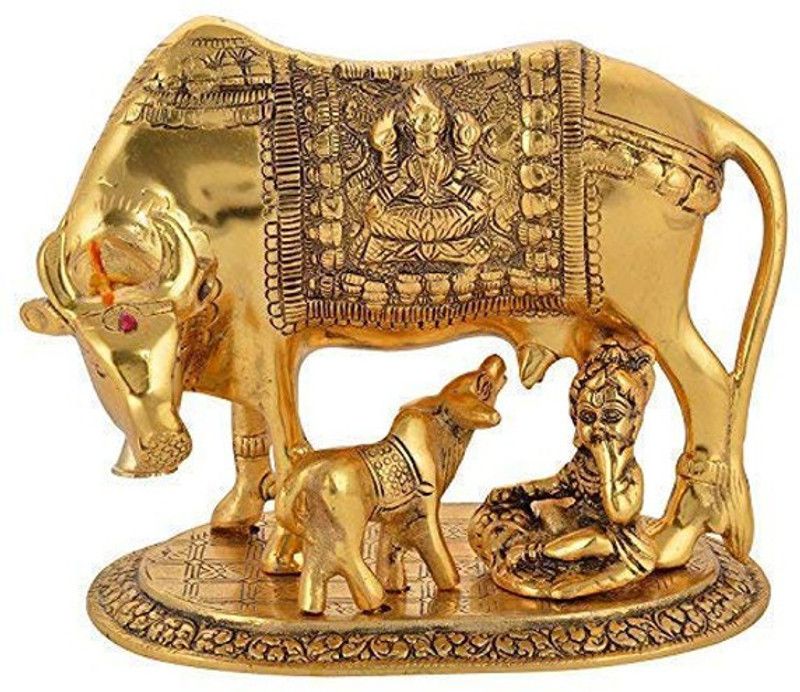 PPJ KAMDHENU COW AND CALF WITH LADDU GOPAL KRISHANA HOLY SPIRITUAL IDOL METAL KAMDHENU SHOWPIECE FOR HOME DECORATION AND GIFTS FOR GOOD LUCK VASTU ( GOLDEN) PACK OF 1 (6 X 5 X 5 INCH ) Decorative Showpiece - 13 cm  (Polyresin, Gold)