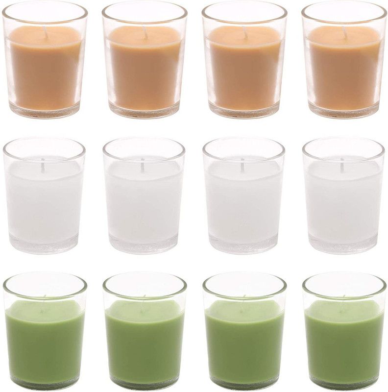 Flipkart SmartBuy Votive Glass Candles Pack of 12 - Scented (Sandalwood , Green Apple & Unscented) Candle  (Brown, Green, White, Pack of 12)
