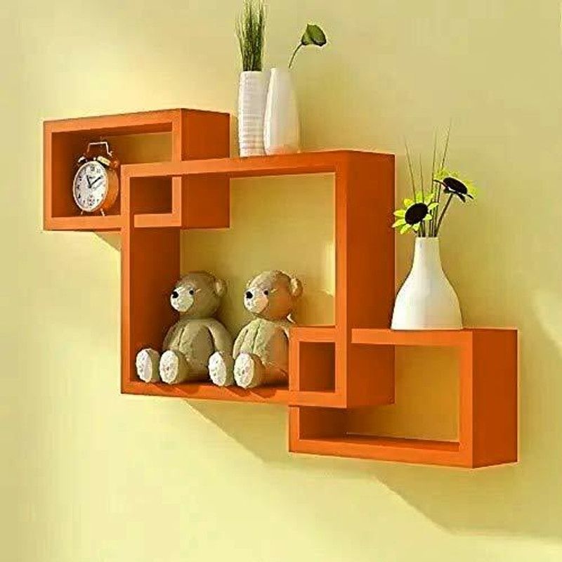 woodinzo Intersecting Wall Mounted Shelf Rack Storage Unit for Home Decor Living Wooden MDF (Medium Density Fiber) Wall Shelf  (Number of Shelves - 3, Orange)