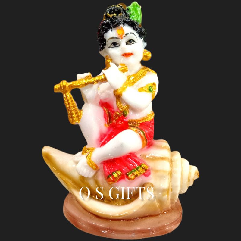om sai toys Krishna Laddu Gopal Sitting on Shankh Marble Idol murti Statue for car Dashboard Decorative Showpiece - 12 cm  (Marble, Multicolor)