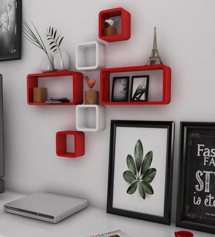Extreme wood Wooden Book rack shelf MDF Wall Shelf (Number of Shelves - 6, Red, White) Wooden Wall Shelf  (Number of Shelves - 6, Multicolor)