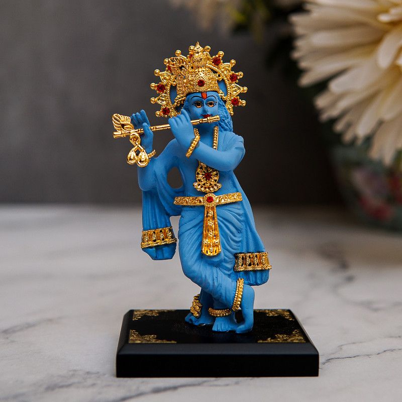 StatueStudio Krishna Statue Flute Playing Krishan Idol Kisna For Mandir, Home Decor & Gift Decorative Showpiece - 10.16 cm  (Polyresin, Blue)