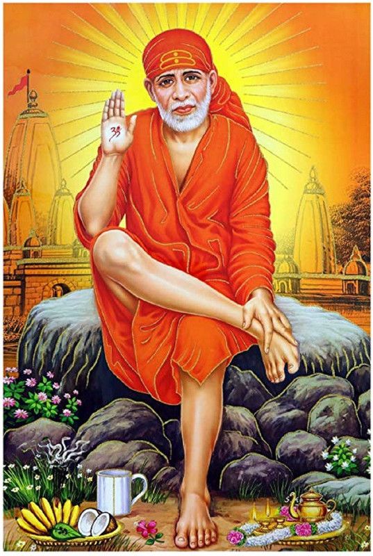 Shridi Sai Baba Golden Zari Art Work Fine Print Poster Without Frame Big (24 X 36 Inches) Religious Wall Decor Fine Art Print  (36 inch X 24 inch)