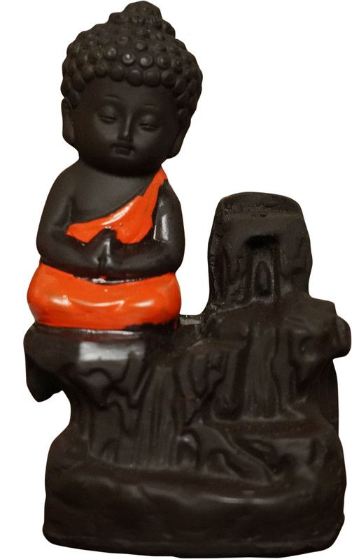 QYZL Meditating Monk Buddha Smoke Backflow Cone Incense Holder Decorative Showpiece Decorative Showpiece - 13 cm  (Polyresin, Orange, Black)