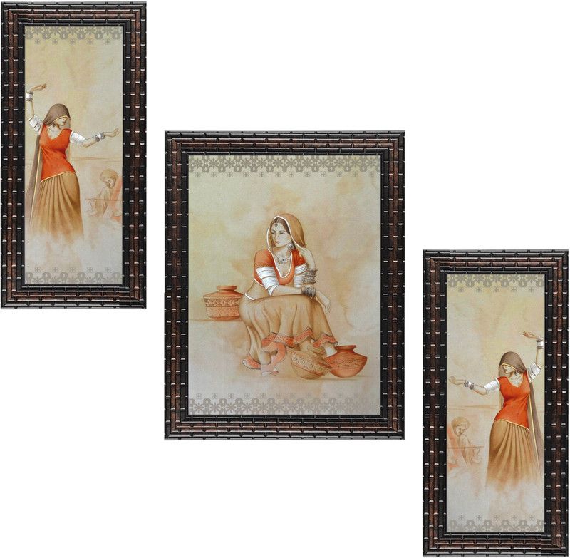 Indianara Set of 3 Dancing Women Framed Art Painting (2465GB) without glass Digital Reprint 13 inch x 10.2 inch Painting  (With Frame, Pack of 3)
