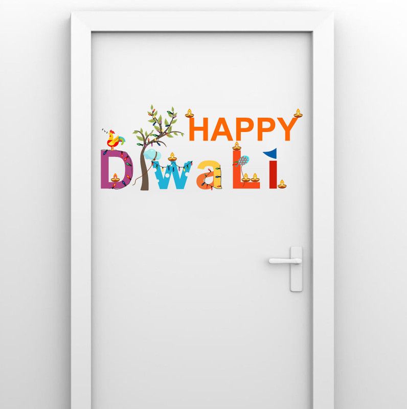 Khatwal Enterprises 28 cm Decorative tree lights happy diwali pvc vinyl multicolor wall sticker for wall decoration size : 28 Cm X 63 Cm Self Adhesive Sticker  (Pack of 1)