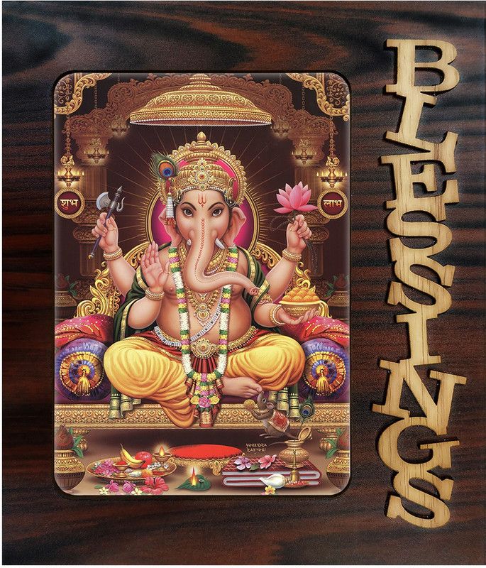 Poster N Frames Decorative Blessings Hand Crafted Wooden table with photo of Ganeshji 20015 Digital Reprint 9 inch x 7.75 inch Painting  (With Frame)