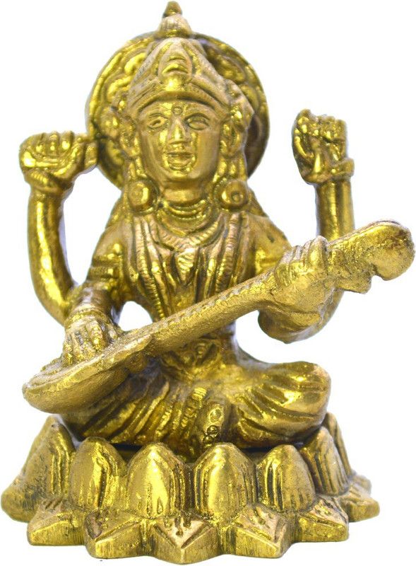 Santarms Brass Saraswati Statue playing Veena Decorative Showpiece - 9 cm  (Brass, Gold)
