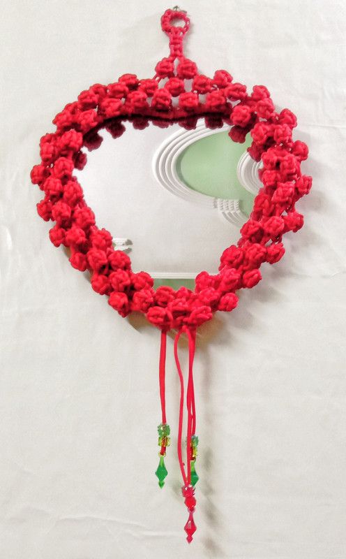 UVV Macram wall hanging mirror heart in shape handmade in Red color  (Red)