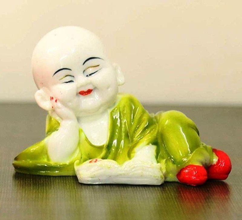 Royalbox Vastu Fangshui Religious Idol of Laughing Baby Buddha Monk Reading Book Statue Decorative Showpiece - 13 cm  (Polyresin, White, Green)