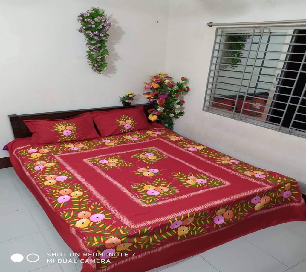 King Size Cotton Multi colors  Hand Printed Bed Sheet with Matching 2 Pillow Covers-