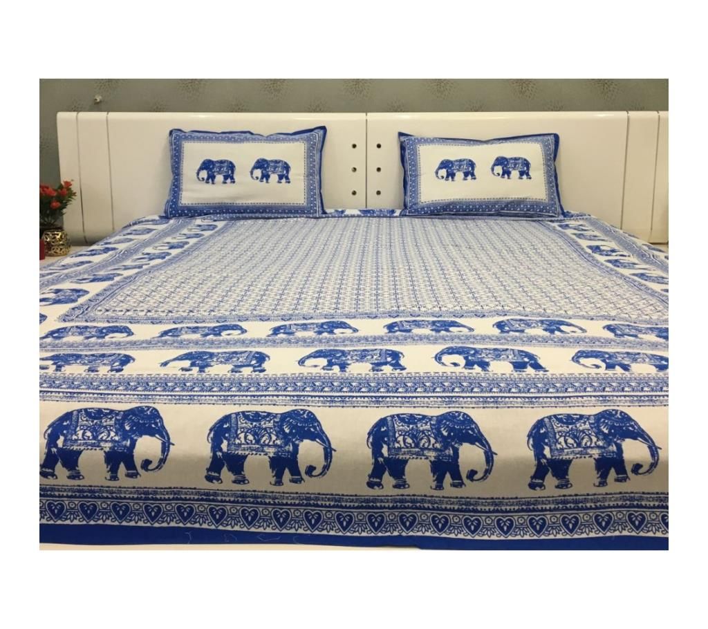 King Size Elephant Triple Border Blue Cotton Bedsheet by Ivoryniche