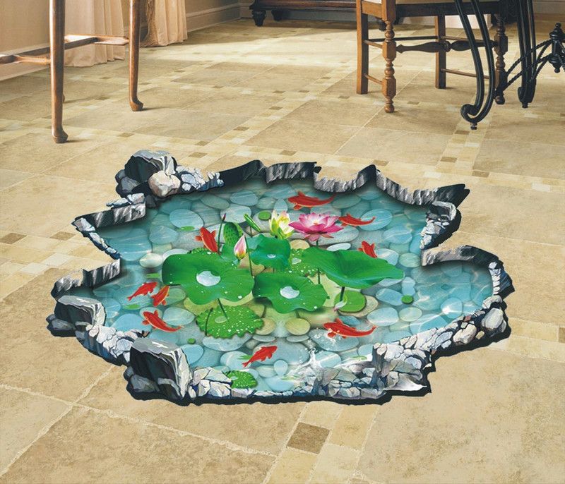 Jagvii 75 cm Lotus and colorful Fishes in The Pond, Self Adhesive Sticker  (Pack of 1)