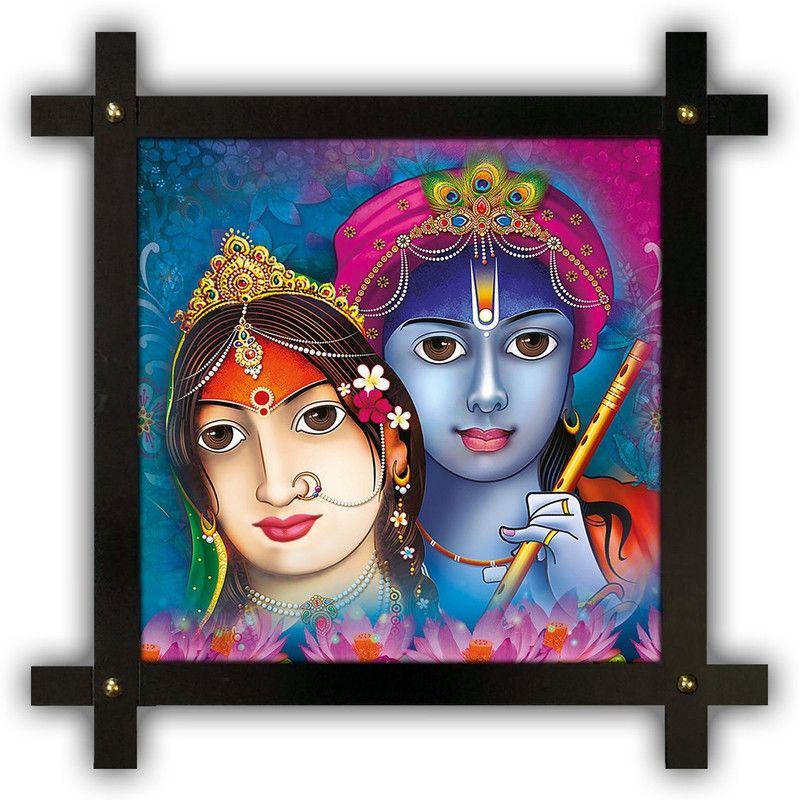 Poster N Frames Cross Wooden Frame Hand-Crafted with photo of Radha Krishna 4366 Digital Reprint 16.5 inch x 16.5 inch Painting  (With Frame)