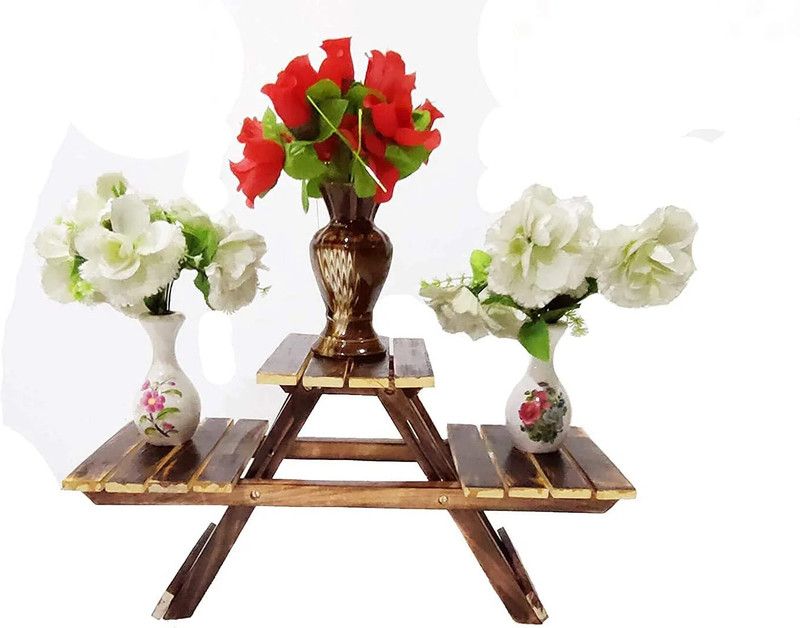 STAR HANDICRAFT Wooden Plant Stand with 3 Desks/Living Room Side Stand/Wooden Stool/Garden Table Wooden Wall Shelf  (Number of Shelves - 3, Brown)