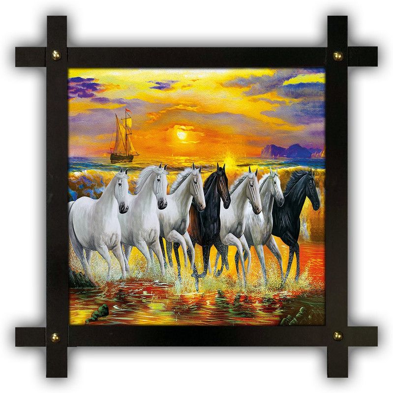 Poster N Frames Cross Wooden Frame Hand-Crafted with photo of vastu 7 (Seven) Horse 14772 crossframe Digital Reprint 16.5 inch x 16.5 inch Painting  (With Frame)