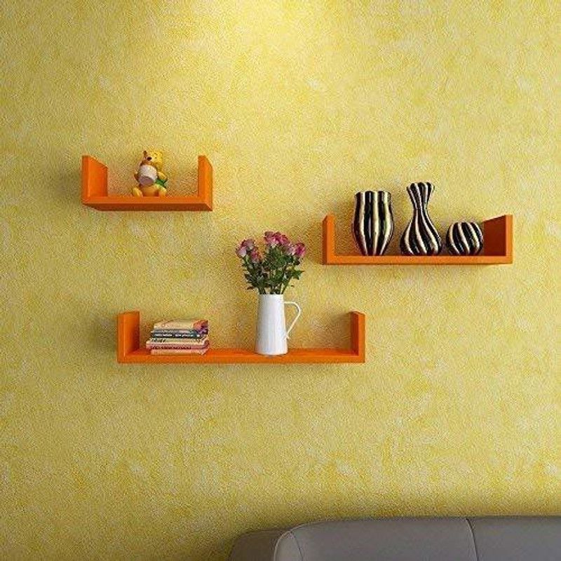 U-Shape Floating Wall Rack Shelves for Living Room Kitchen Book Home Decoration Office (Mirror) MDF (Medium Density Fiber) Wall Shelf  (Number of Shelves - 3, Orange)