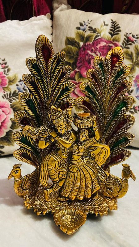 SHIVSHAMBHU Metal Radha Krishna Idol Statue with Diya, Radha Krishna Standing on Flute Pose Decorative Showpiece - 20 cm  (Metal, Gold)