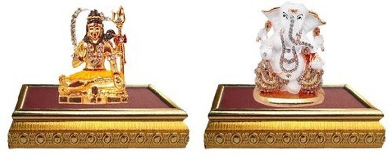 9facts Set of 2 with wooden base Lord Shiv Shankar God Idol Statue & God Ganesh / Ganpati / Lord Ganesha Idol - Statue Gift item Decorative Showpiece Decorative Showpiece - 9 cm  (Brass, Multicolor)