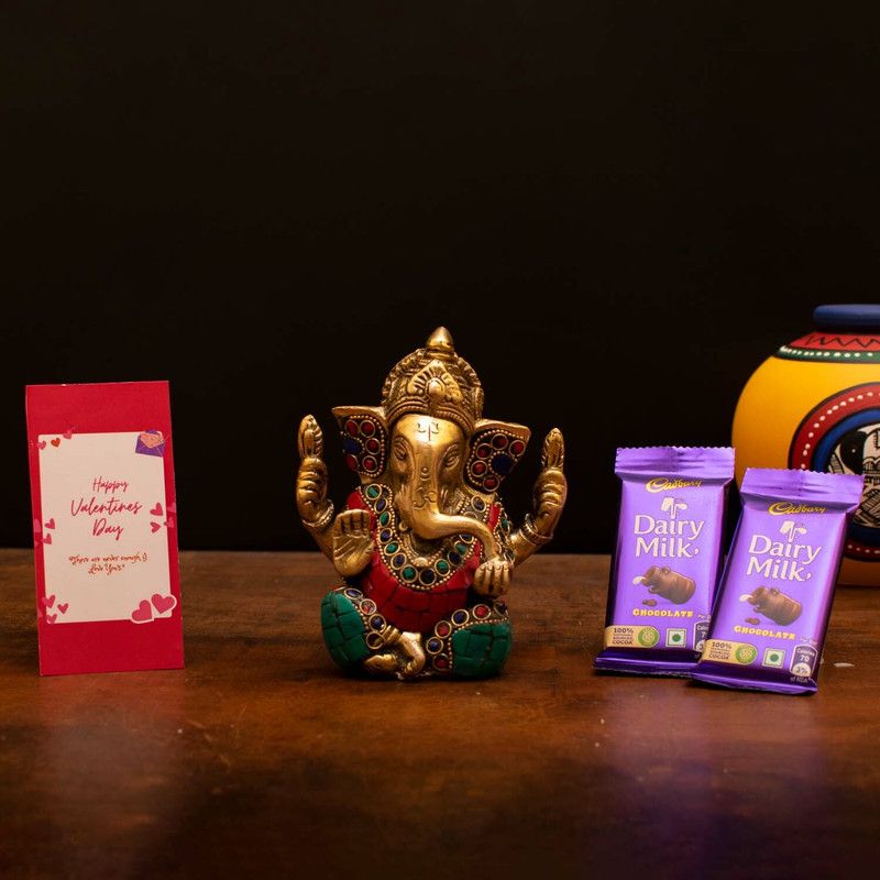 StatueStudio Ganesha Statue 2 Chocolate Greeting Card Ganesh Murti for Décor & Valentine Gift Decorative Showpiece - 11.43 cm  (Brass, Multicolor)