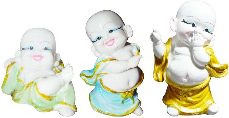 GW Creations 3 Pieces/lot Small Buddha Statue Monk,Resin Figurine Crafts Home Decorative Decorative Showpiece - 10 cm  (Wood, Yellow, Blue, Green)