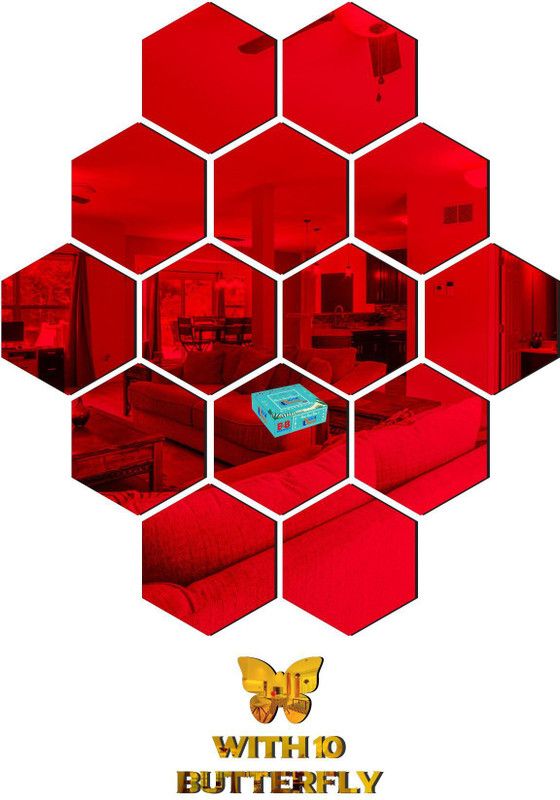 BEST DECOR 17.78 cm 14 Hexagon Red 10 Butterfly Golden-228 Self Adhesive Sticker  (Pack of 1)
