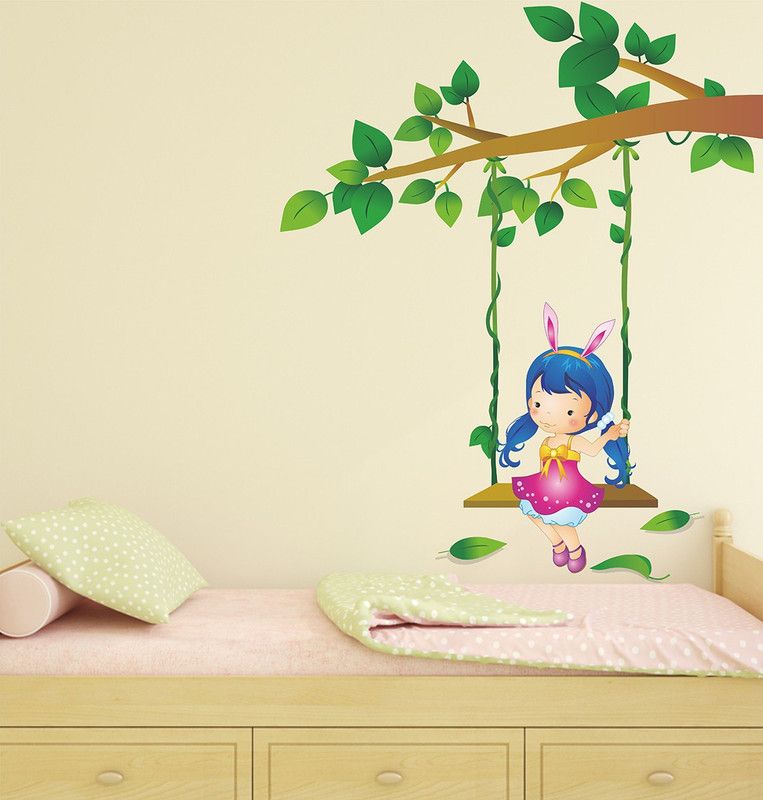 Dumdic Little Girl Swing Multicolor Large Vinyl Wallsticker (100 cm x 85 cm)  (Multicolor)