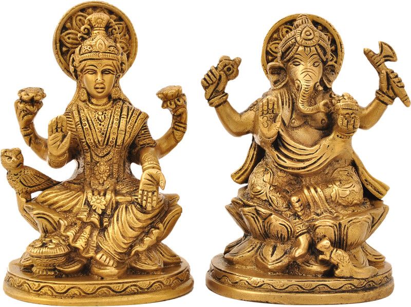 Aesthetic Decors Lakshmi (Laxmi) & Ganesh Sitting On Lotus Base in Antique Gold Decorative Showpiece - 13 cm  (Brass, Gold)