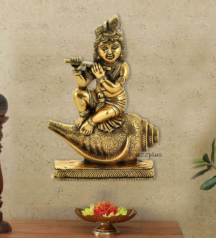 HOUZZPLUS Bal Krishna Wall hanging For Home Decor, Bal Karishan idol , Bal krishan murti Decorative Showpiece - 29 cm  (Aluminium, Gold)