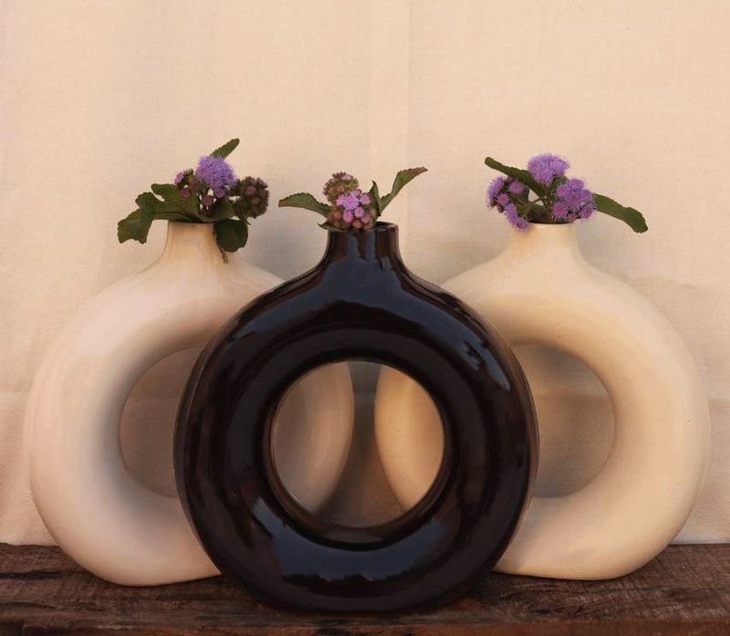 Squareit Ceramic Donut Vase Set of 3 For Home Decor Black, White Gloss and Matte Ceramic Vase  (8.5 inch, Black, White)