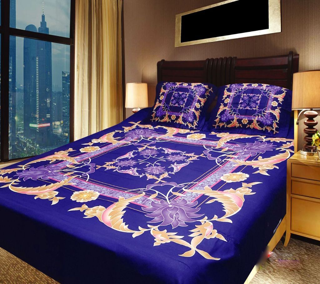 Panel Bedsheet - Blue with Brown Alpona - ANJ
