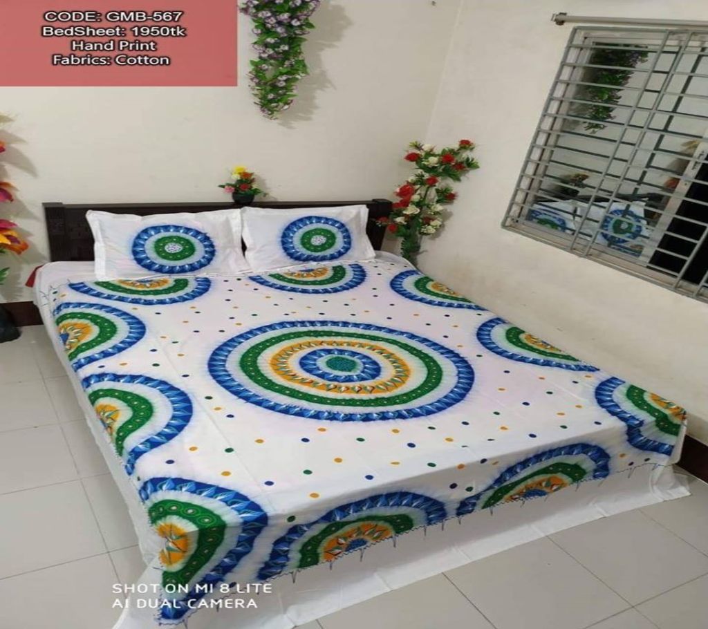 King Size Cotton Multi colors  Hand Printed Bed Shet with Matching 2 Pillow Covers-10
