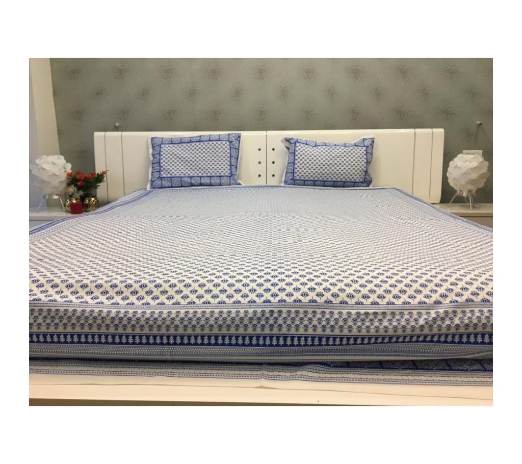 Lovely Little Blue Motif Handmade Block Print Cotton Double Bedsheet by Ivoryniche