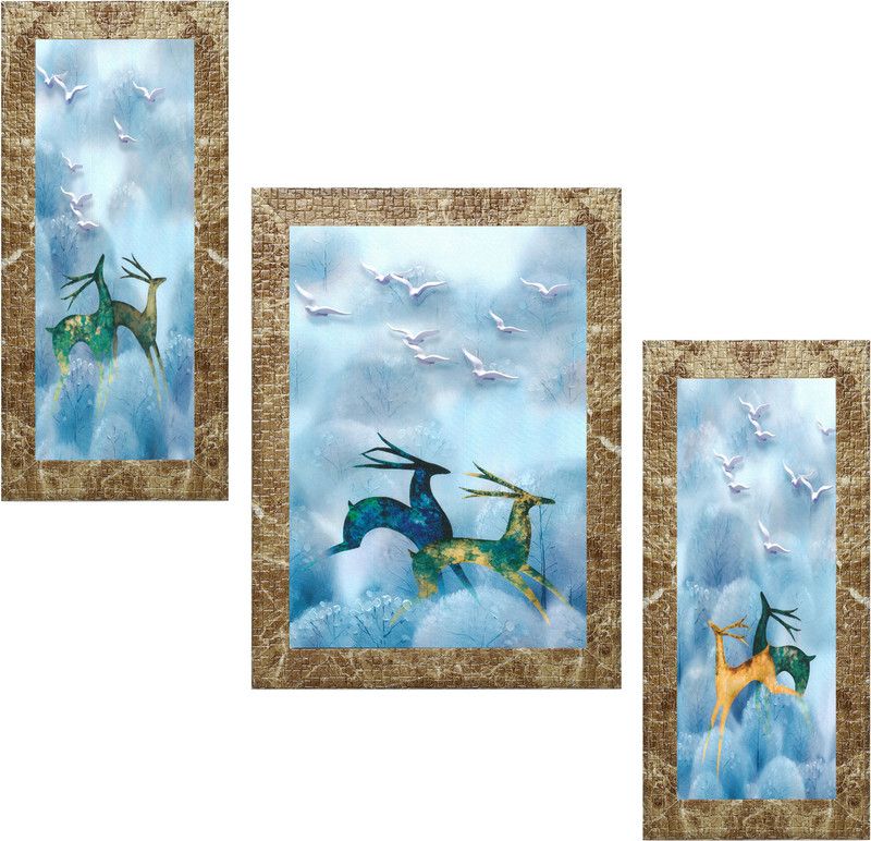 Indianara Set of 3 Deers Framed Art Painting (2974MBR) without glass Digital Reprint 13 inch x 10.2 inch Painting  (With Frame, Pack of 3)