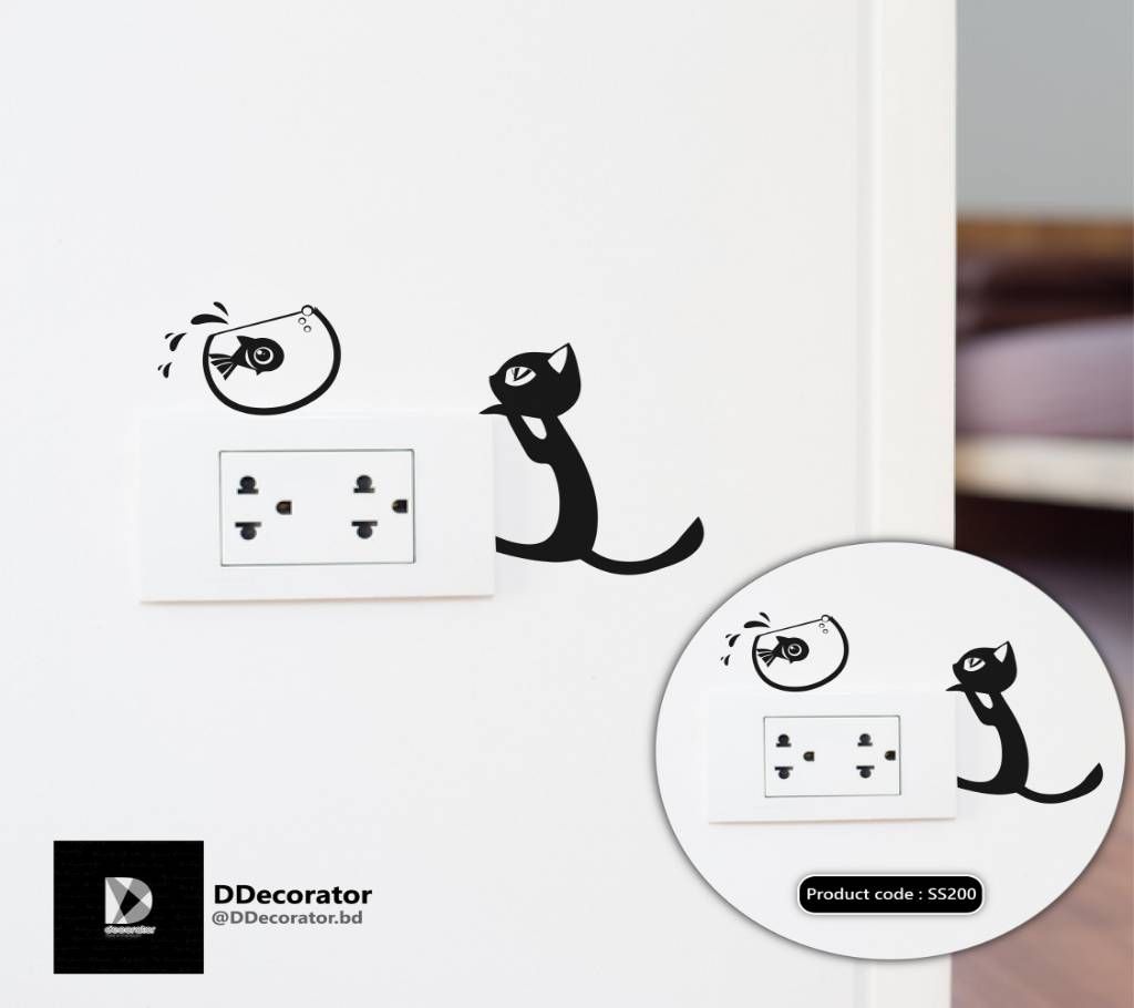 Cat and Fish Switch & Socket Vinyl decals removable wall Sticker - DDecorator