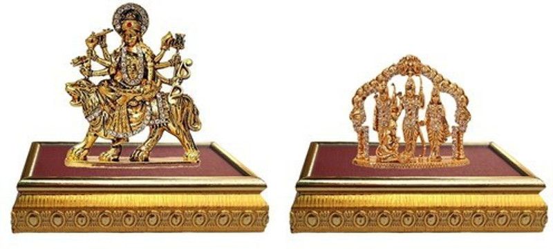 BEI Set of 2 with wooden base Goddess Durga Devi Statue & Ram Darbar / Lord Rama ,Sita, Laxman and Hanuman Idol God Statue Decorative Showpiece Decorative Showpiece - 10 cm  (Brass, Multicolor)