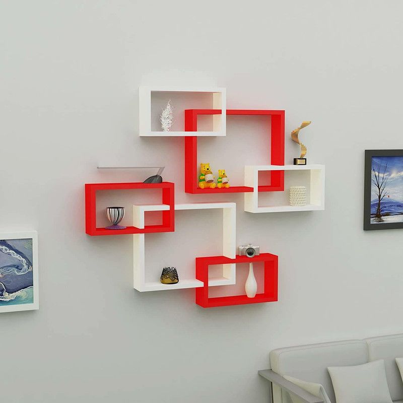 smart wood mart ASFGDH45SGH Wooden Wall Shelf  (Number of Shelves - 6, Red, White)