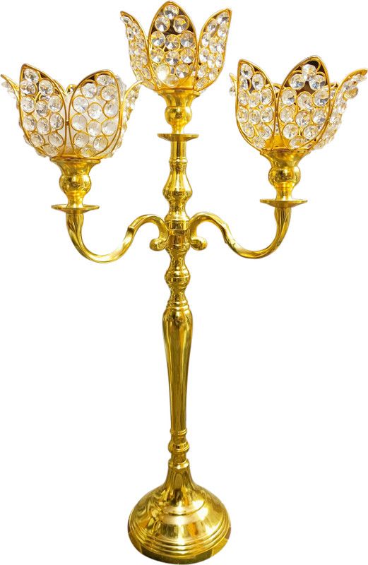 Extreme Karigari Crystal Lotus Votives Candle Stand | Candle Holder |3 Arms | Table Top Décor| Gold Plated Mirror polished Aluminium Tealight Holder  (Gold, Pack of 1)