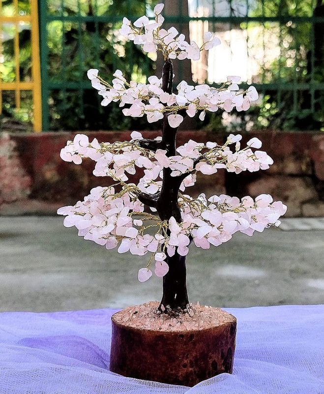 Muren Good Luck Money Tree Rose Quartz Crystal 500 Beads Wooden Golden Wire Decorative Showpiece - 28 cm  (Crystal, Wood, Pink)