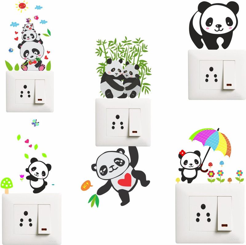 Saiii Designs 32 cm Funny Panda Switch Board Sticker Set 6 Self Adhesive Sticker  (Pack of 6)
