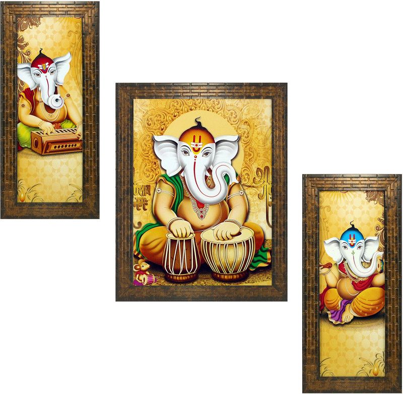 Indianara Ganesha playing Tabla Digital Reprint 13 inch x 22.2 inch Painting  (With Frame, Pack of 3)