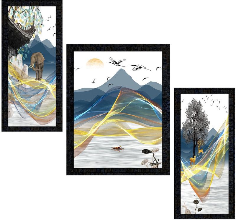 pnf Hand Painting Landscape Scenery Set of 3 painting-2225- Digital Reprint 14 inch x 22 inch Painting  (With Frame, Pack of 3)