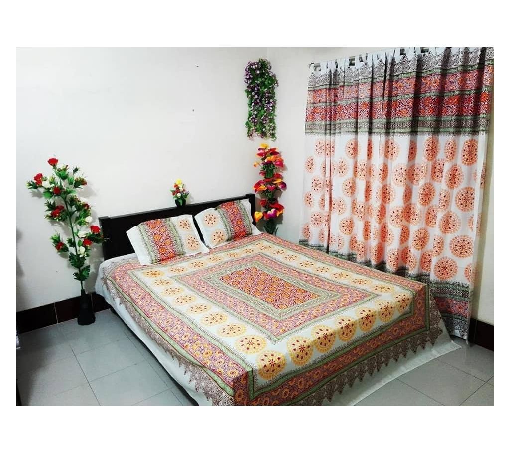 King Size Cotton Multi colors Block Printed Bed Sheet with Matching 2 Pillow Covers-11