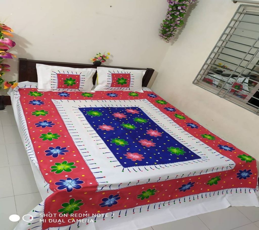 King Size Cotton Multi colors  Hand Printed Bed Sheet with Matching 2 Pillow Covers-11