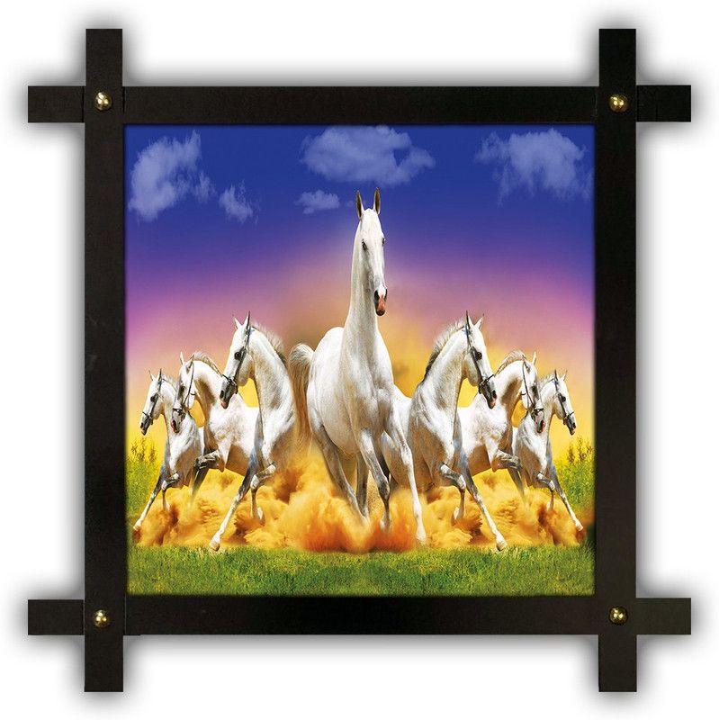 Poster N Frames Cross Wooden Frame Hand-Crafted with photo of vastu 7 (Seven) Horse m-21 crossframe Digital Reprint 16.5 inch x 16.5 inch Painting  (With Frame)